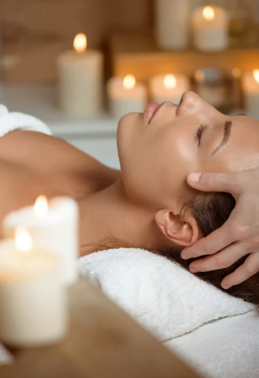 Young beautiful brunette girl having face massage relaxing in spa salon. Eyes closed. Copy space.